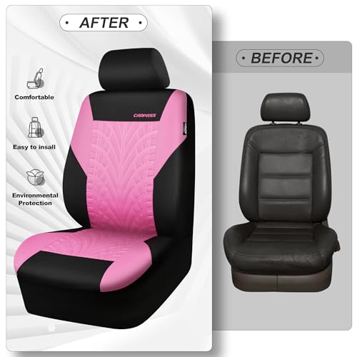 Image of CAR PASS Car Seat Covers Two Front Only for Car, 3D Tyre Print Automotive Interior Covers, Airbag Compatible, Quick Setup Universal Fit Seat Covers for Car, Truck, SUV(Black and Pink)
