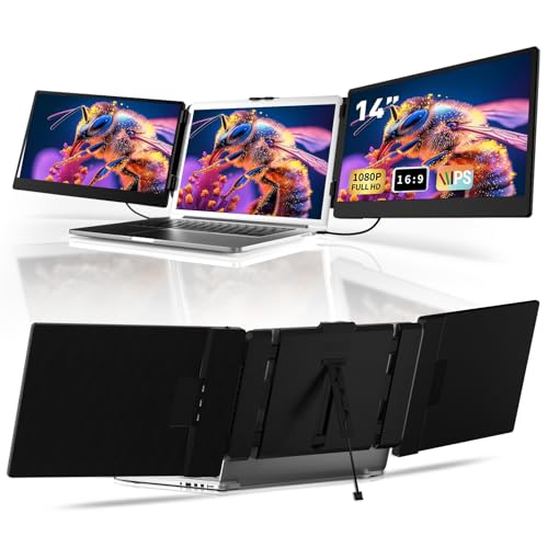 Image of Laptop Screen Extender 14 inch - Triple Portable Monitor 1080P FHD IPS Extra Second Screen HDMI /USB-C Plug-Play Compatible with Wins Mac Dex Chrome Travel Work Fits 13-17 inch Laptops