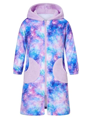 Funnycokid Girls Robe Kids Hooded Bathrobe Zip Fleece Fuzzy Soft Pajamas Plush Sleepwear 4-14 Years