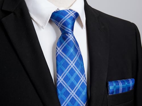 Image of Enlision Ties for Men Plaid Stripe Tie Handkerchief Woven Classic Formal Necktie Pocket Square Clip Set