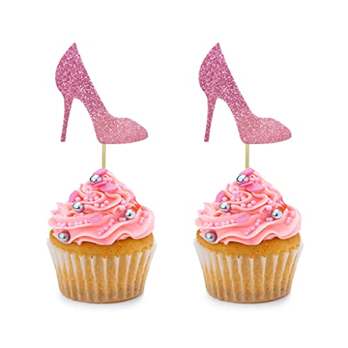 24 PCS Pink Glitter Highs Heel Cupcake Toppers for Wedding Engagement Bridal Shower Party Birthday Party Stiletto Theme Party Cake Decorations Supplies Picks