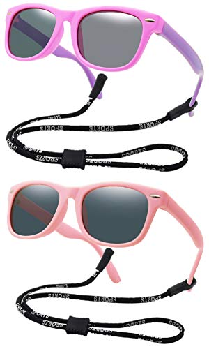 Coolsome Kids Flexible Polarized Sunglasses For Boys Girls Age 3-10 With Straps (Purple Pink+Matte Pink 2 Pcs) #TOP3