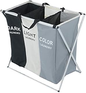 YORKING Large Laundry Basket 3 Sections Aluminium Folding Laundry Cloth Basket Washing Hamper Bin Storage Bag Light Dark for Bedroom Black and white gray