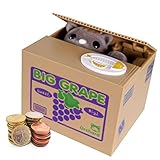 2,【FÁCIL DE USAR】 Instale las baterías, encienda, coloque la moneda en el botón blanco y presiónelo. El Gato Gris en la caja abre automáticamente la tapa y agarra la moneda. Cuando está lleno, solo tiene que quitar la tapa inferior y luego puede obtener sus monedas.