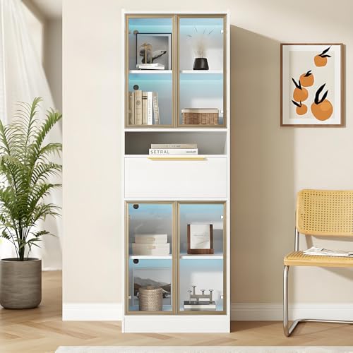 Vitrina Alta Blanca Moderna Con LED De 16 Colores Y Bluetooth | Cajones, Estantes, Espacio De Almacenamiento E Iluminación | Para Salón, Oficina Y Dormitorio | 60 X 35 X 180 Cm
