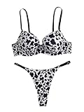 SOLY HUX Lingerie for Women Leopard Print Underwire Bra and Panty Underwear Sets Black and White Cow Large