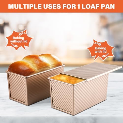 Pullman Loaf Pan with Lid, 2 Pack 1 lb Dough Capacity for Homemade Bread, Non-stick Corrugated Carbon Steel Bread Toast Box with Cover for Bakeware, Sandwich & Toast Oven Baking, Gold - Thumbnail 2