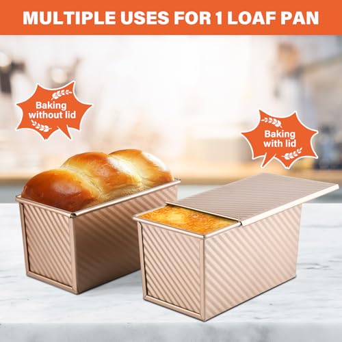Image of Pullman Loaf Pan with Lid, 2 Pack 1 lb Dough Capacity for Homemade Bread, Non-stick Corrugated Carbon Steel Bread Toast Box with Cover for Bakeware, Sandwich & Toast Oven Baking, Gold