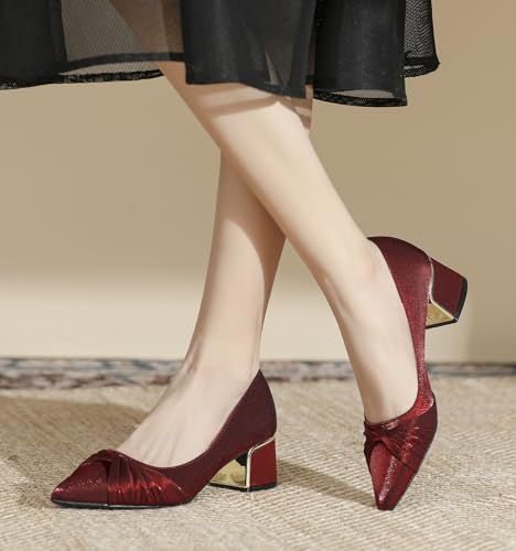 LizFoYa Women Closed Pointed Toe Wedding Pumps Pleated Bridal Dress Shoes Satin Comfort Block Heels4