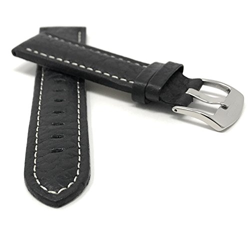 Bandini Extra Long (Xl) 22Mm Mens Italian Leather Watch Band Strap - Black - Buffalo Pattern - White Stitch - Classic #TOP1