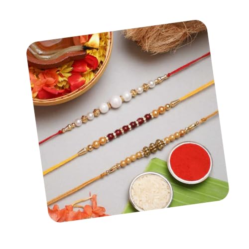 Image of eCraftIndia White Red Golden Set of 3 Pearl Rakhi for Brother with Roli Chawal Pack