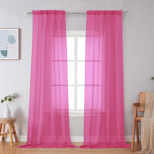 Image of Simplebrand Hot Pink Sheer Curtains 96 Inches Long, Light Filtering Rod Pocket Solid Color Window Sheer Curtain Panels, Elegant Curtains & Drapes for Living Room, Bedroom 2 Panels 42 inch W x 96 inch L
