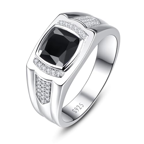 8 * 8mm 2.85CT 925 Sterling Silver Mens Gemstone Ring Princess Cut Created Black Onyx|Sapphire|Emerald|Ruby Mens Wedding Band Engagement Ring Pave CZ W/AAA Size 6-13