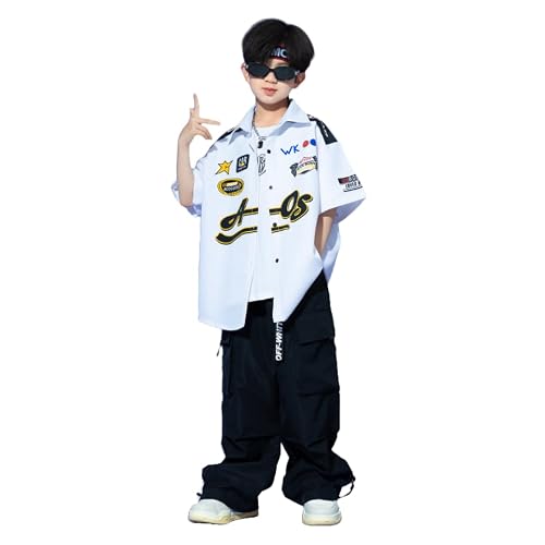 Image of Rngeddg Toddler Girls Boys Three Piece Outfits Short Sleeve Shirt Vest Top Work Pants Set Hip Hop Jazz Streetwear Clothes (Shirt,140/8-9 Y)