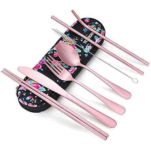 Travel Utensils,Reusable Silverware Set To Go Portable Cutlery Set with a Waterproof Carrying Case for Lunch Boxes Workplace Camping Picnic (LightPink)