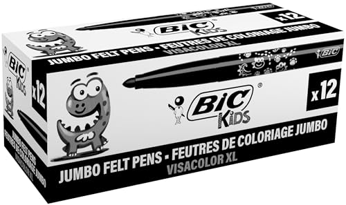 BIC Kids Visacolor XL Feutres de Coloriage pour Enfants, Pointe Large, Lavables - Noir, Boîte de 12 feutres