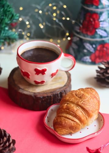 Image of WEAVING HOMES Handcrafted Ceramic Mug & Dessert Plate to Gift to Best Friend and Love Microwave Safe Bow Mug & Red Polka Dessert Plate Set (Set of 2, Multicolor)