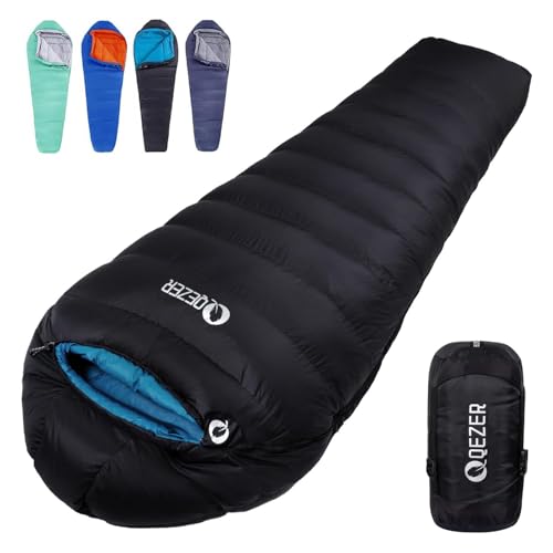 QEZER 0 Degree Sleeping Bag 650 FP Down Sleeping Bag for Adults Backpacking Sleeping Bag with Pouch