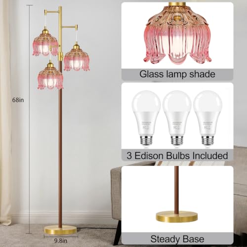 Image of Vintage Floor Lamps for Living Room 3 Light Glass Floor Lamp with Pink Glass Lampshape, Dimmable Flower Floor Lamp Gold Mid Century Modern Standing Lamp Tall Tree Wood Floor Lamp for Bedroom Corner
