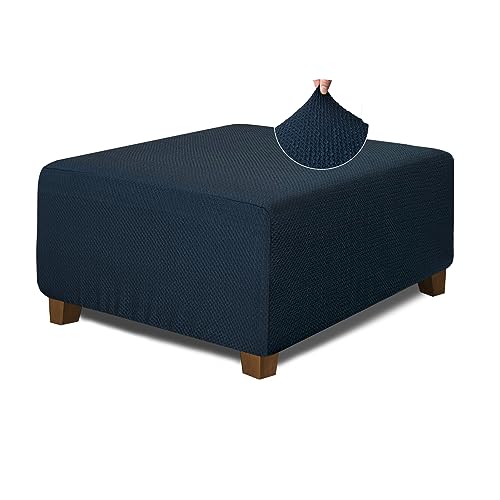 Image of NeColorLife Square Ottoman Cover Jacquard Fabric Thick Stretchable Slipcover for Oversized Square Ottoman Furniture Protector,X-Large,Navy Blue