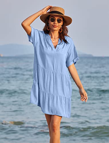Women's Short Sleeve Swimwear Cover Ups Beach Casual Swimsuits Bathing Suits Cover Ups Light Blue M #TOP1