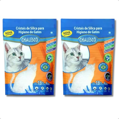 Kit com 2 Pacotes Areia Sílica Cristais para Gatos Chalesco Absorção 100%, Antibacteriano Eliminador de Odores 1,8kg