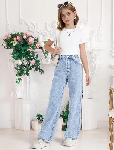 Image of Jeans for Girls Baggy Wide Leg Cute Bow High Elastic Waisted Denim Pants Y2K Boyfriend Skater Streetwear 7-14Y