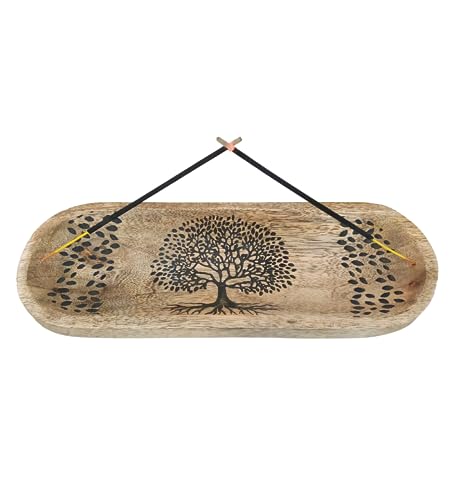 VANIYA CRAFTS® Wooden Handmade Tree of Life Design Boat Shape Incense Holder Stand Insence Tray for Home Decor Restaurant (11X4, Natural Black)