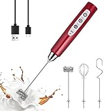 YUSWKO Red Milk Frother Handheld with 3 Heads, Coffee Whisk Foam Mixer with USB Rechargeable 3 Speeds, Electric Mini Hand Hand Frother for Latte,...