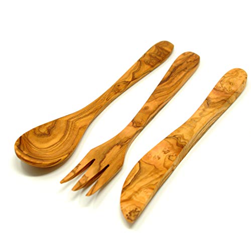 3-delig bestek van olijfhout: 1 eetlepel + 1 vork + 1 botermes | BIOLOGISCH | antibacterieel | kinderen | volwassene | presentidé | mannen | vrouwen | Jul | verjaardag