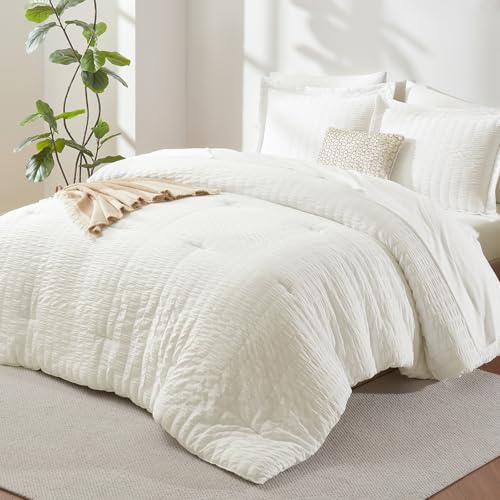 Image of CozyLux Oversized King Comforter Set with Sheets, 7 Pieces 120 inchx98 inch Ivory Seersucker Bed in a Bag, Luxury Soft Bedding Sets with Down Alternative Comforter, Sheets, Pillowcases & Shams for All Seasons