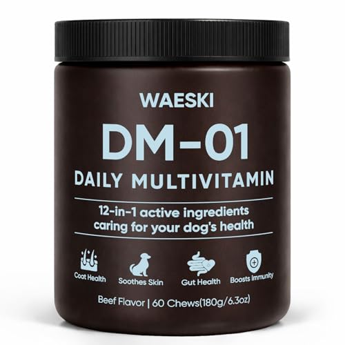 DM-01 Daily Multivitamin for Dogs 12-in-1 Soft Chews with Salmon Oil Probiotics Chondroitin & Vitamins Skin & Coat Gut Hip & Joint and Immune Support Beef Flavor 60 Chews