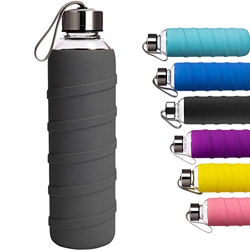 Sport Borosilikat Trinkflasche Glas Wasserflasche Glasflasche mit Silikonhülle BPA Frei 1000 ml Grau