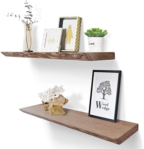 Wood Floating Shelves, 100% Ash Wood, Set of 2-Rustic Shelf 24" Wide Wooden Wall Shelves, Made in Europe, for Living Room Bedroom Kitchen Bathroom Farmhouse, Teak Color, 24" x 6.5" Live Edge