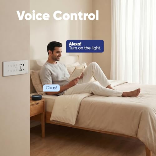 Image of AZIOT Smart Premium Toughened Glass Touch Switch Panel | Elevate 8 Module (6 Switch + Fan + Socket) | WiFi + BLE | No Hub Required | Compatible with Alexa, Google Assistant & Siri | White