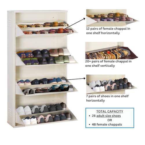 Image of DELITE KOM 29 inch Wide, 8 Shelf Metal Shoe Rack Wall Mounted for Home with Central Lock | Holds Upto 28 Shoes or 48 Slippers Pair | Double Decker, 1Yr Warranty, (54x29x8, Ivory), DIY, Space Saver