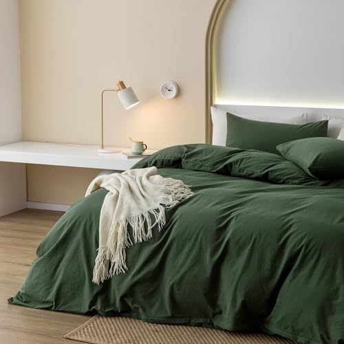 JIYUAN 100% Washed Cotton Duvet Cover Set 3 Pieces Super King, 1 Duvet Cover 108x98 Inches(Comforter Not Included) and 2 Pillowcases,Linen Feel Bedding Set Comfy and Breathable,Forest Green