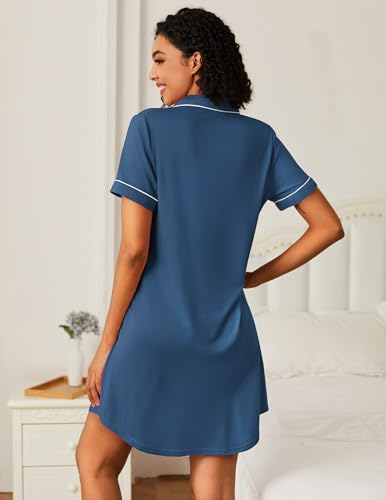 Image of Ekouaer Nightgowns for Women Bamboo Viscose Sleep Shirts Button Down Night Shirt Short Sleeve Boyfriend Pajama Dress