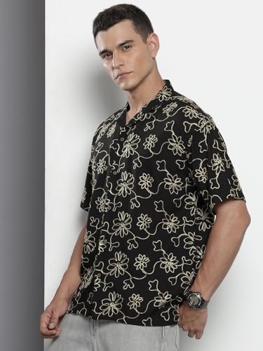Image of The Indian Garage Co Men Relaxed Fit Textured Half Sleeves Cuban Collar Resort Wear Shirt