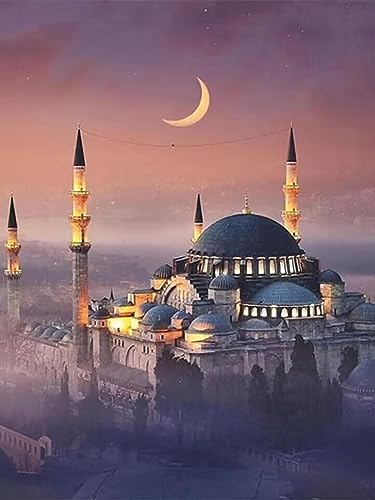 IPISSOI DIY 5D Diamond Embroidery Painting Muslim Religion Mosque Rhinestone Kit Full Round Drill Mosaic Landscape Handmade 12x16 Inch