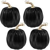 Winlyn 4 Pcs Black Artificial Pumpkins Halloween Pumpkins Faux Decorative Foam Pumpkins 6.7' Tall for Fall Autumn Home Halloween Party Thanksgiving Holiday Tabletop Centerpiece Mantel Shelf Décor