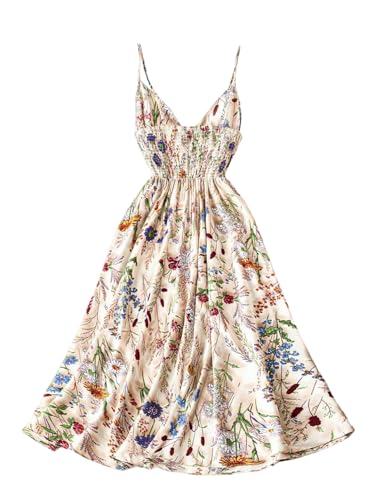 SOLY HUX Women's Summer Floral Dress Bow Tie V Neck Spaghetti Strap A Line Flowy Midi Dresses Boho Vacation Sundress2