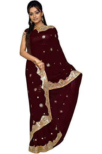 Indian Trendy Women's Bollywood Sequin Embroidered Sari Festival Saree Unstitched