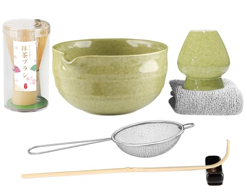 7pcs Matcha Set Matcha Whisk Set - Matcha Whisk Bamboo Whisk Holder Matcha Bowl with Pouring Spout Scoop Sifter Absorbent Cloth - Japanese Tea Ceremony Set for Home Use or as a Gift Green