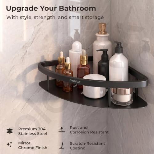 Image of Plantex Corner Shelf for Bathroom Wall Mount /304 Grade Stainless Steel Bathroom Corner Shelf /Bathroom Accessories Holder for Wall (9x9 inches, Black)