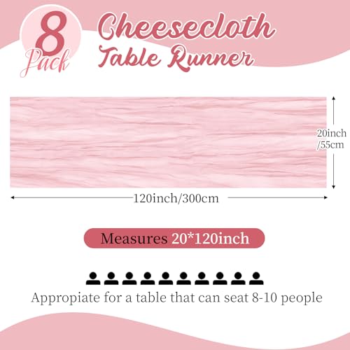 8 Pack Light Pink Cheesecloth Table Runners 20x120 Inch Gauze Table Runner Cheese Cloth 10FT Pink Table Runner Rustic Sheer Runner for Wedding Birthday Party Baby Shower Table Decor