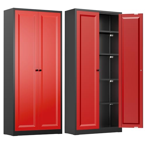 Image of INTERGREAT Metal Storage Cabinet with Magnetic Doors, 63 inch H Traditional European Style Metal Cabinets with 2 Doors and 4 Adjustable Shelves for Home Office, Kitchen, Bathroom (Black Red)