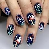 LBPEPAMZ Halloween Press on Nails Short Almond Fake Nails Cute Flower Ghost Mushroom False Nails Dark Blue Full Cover Stick on Nails Colorful Leaves Spooky Glossy Acrylic Glue on Nails for women 24Pcs