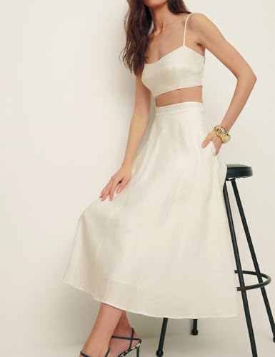 Kinghua Womens Linen Skirts Spring Summer Flowy A Line Pleated Maxi Midi Skirt with Pockets2