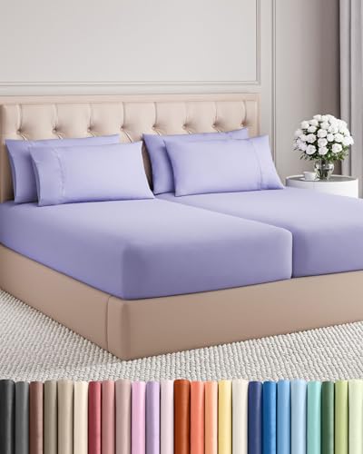 Image of Split King 7 Piece Bed Sheet Set - Comfy, Breathable & Cooling - Lavender | Ultra-Soft Hotel Luxury Bedding Set w / 8-16 Inch Deep Pockets, 1 Flat & 2 Fitted Sheet & 4 Pillowcases, Wrinkle & Fade Free